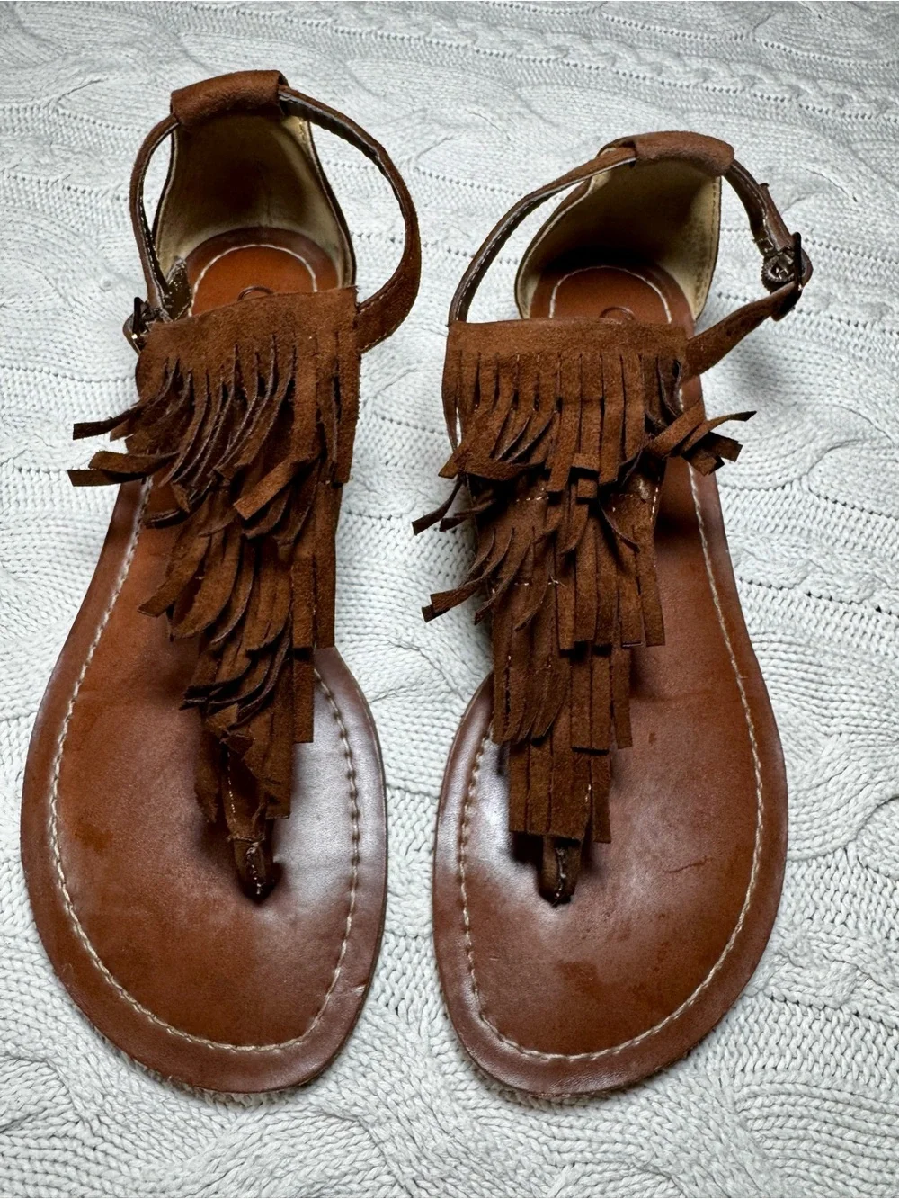 Carlos Santana Brown Fringe Leather Thong Sandals - Women's Casual Summer Shoes